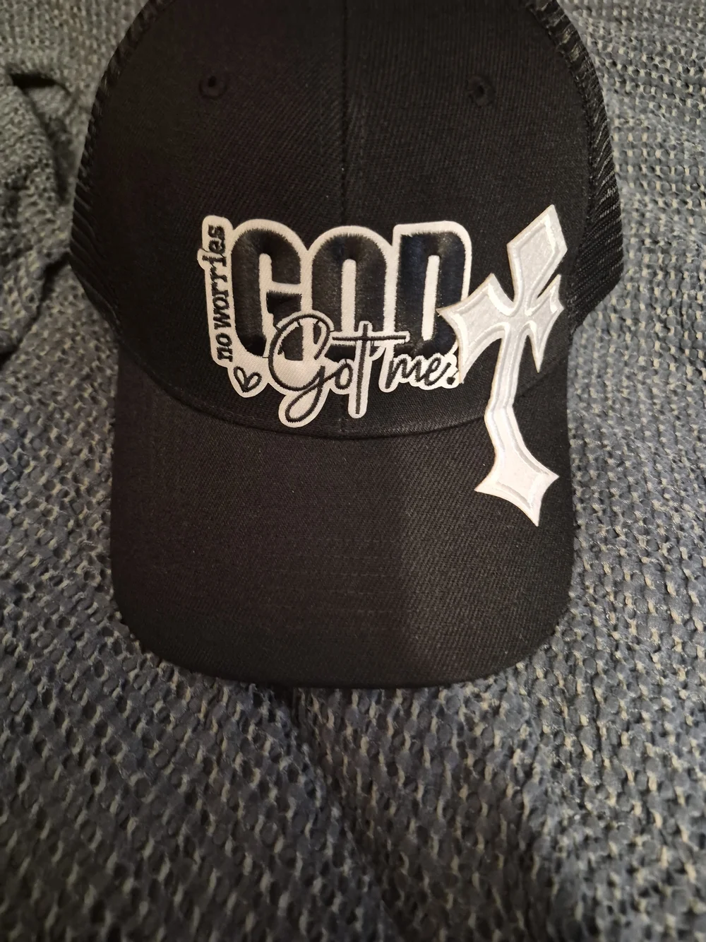 God Got Me Black Trucker Cap with Cross Embroidery